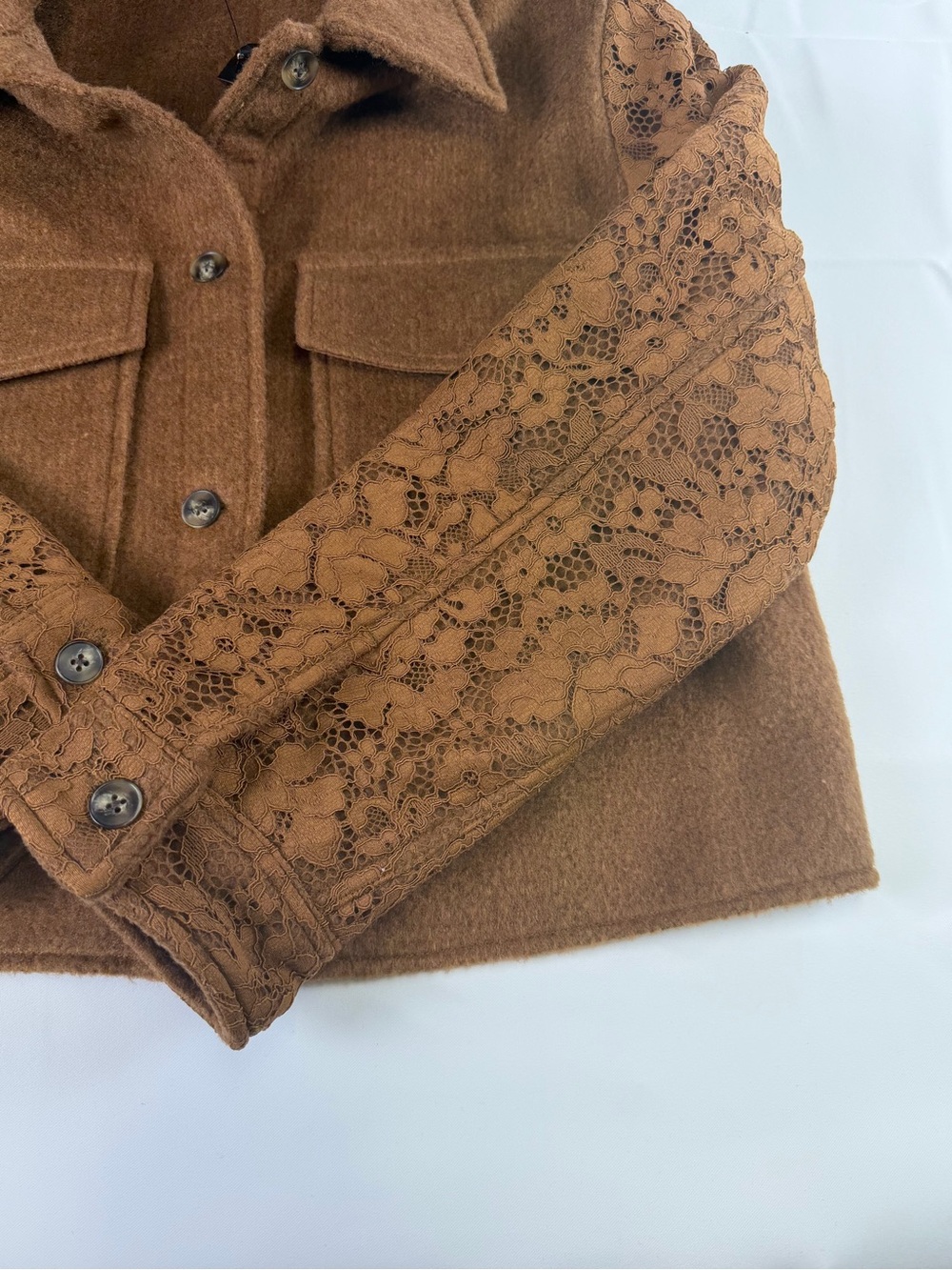 Express - Chic Brown Woven Lace-Sleeve Cropped Jacket NWT -Date night ready L - Picture 4 of 16